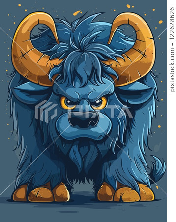 Vector illustration of a big blue bison with big horns. Cartoon style. 122628626