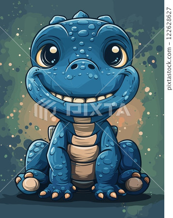 Cute cartoon blue crocodile on grunge background. Vector illustration. 122628627