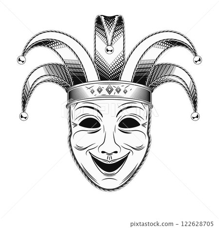 Theatrical comedy face mask with jester harlequin hat. Mardi Gras themed detailed black and white illustration in vintage style. Front view. 122628705