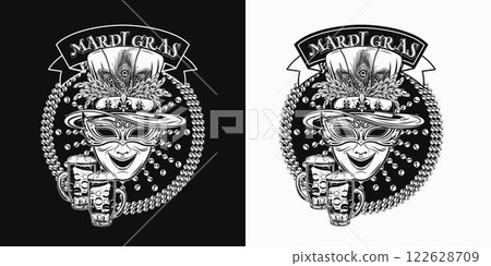 Mardi Gras themed circular label. Emblem with strings of beads, glass of beer, flying confetti, text in ribbon, carnival comedy face mask in tall cylinder hat. Monochrome holiday composition. Mardi Gras themed circular label. Emblem with strings of beads, glass of beer, flying confetti, text in ribbon, carnival comedy face mask in tall cylinder hat. Monochrome holiday composition. 122628709