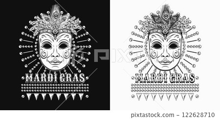 Mardi Gras themed label. Black and white emblem with carnival venetian face mask with bundle of feathers on top, beads, text. Vintage holiday composition. Mardi Gras themed label. Black and white emblem with carnival venetian face mask with bundle of feathers on top, beads, text. Vintage holiday composition. 122628710