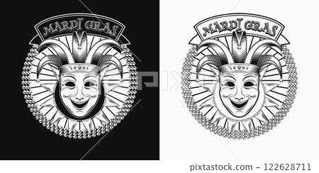 Mardi Gras themed circular label. Emblem with carnival comedy face mask in jester harlequin hat, strings of beads, sparkle garland, text in ribbon. Vintage holiday composition. Mardi Gras themed circular label. Emblem with carnival comedy face mask in jester harlequin hat, strings of beads, sparkle garland, text in ribbon. Vintage holiday composition. 122628711