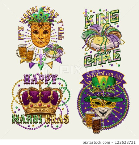 Carnival Mardi Gras labels with masquerade masks, crown, festive food king cake, beer, beads, glossy text. Vintage illustrations on white background. For prints, clothing, t shirt, holiday design Carnival Mardi Gras labels with masquerade masks, crown, festive food king cake, beer, beads, glossy text. Vintage illustrations on white background. For prints, clothing, t shirt, holiday design 122628721