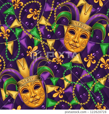 Carnival Mardi Gras themed pattern with golden venetian face mask in Jester Harlequin hat, scattered trinket, pennant garland, strings of beads. Detailed illustration in vintage style Carnival Mardi Gras themed pattern with golden venetian face mask in Jester Harlequin hat, scattered trinket, pennant garland, strings of beads. Detailed illustration in vintage style 122628728