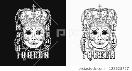 Mardi Gras Queen label. Black and white emblem with carnival venetian face mask in imperial crown, intertwined interlaced strings of beads, text. Rectangular composition in vintage style Mardi Gras Queen label. Black and white emblem with carnival venetian face mask in imperial crown, intertwined interlaced strings of beads, text. Rectangular composition in vintage style 122628737