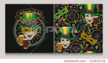 Mardi Gras beaded circular label with comedy mask in tall top hat, beer. Seamless pattern with mask scattered Fleur de Lis symbol, strings of beads, confetti. 122628738