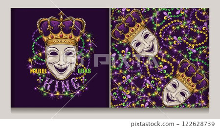 Mardi Gras King label, seamless pattern with comedy mask in imperial golden crown, intertwined strings of beads, lights sparkles garland, fleur de lis symbol, text. Carnival decoration. Mardi Gras King label, seamless pattern with comedy mask in imperial golden crown, intertwined strings of beads, lights sparkles garland, fleur de lis symbol, text. Carnival decoration. 122628739