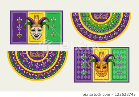 Set of Mardi Gras banners, flags, bunting with jester masks, harlequin ornament, beads, Fleur de Lis symbol. Traditional holiday colors. Vintage style Set of Mardi Gras banners, flags, bunting with jester masks, harlequin ornament, beads, Fleur de Lis symbol. Traditional holiday colors. Vintage style 122628742