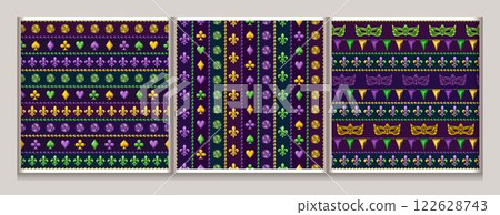Mardi Gras seamless patterns with holiday trinket, strings of beads. Geometric pattern with stripes on dark purple background. Vintage style illustration 122628743