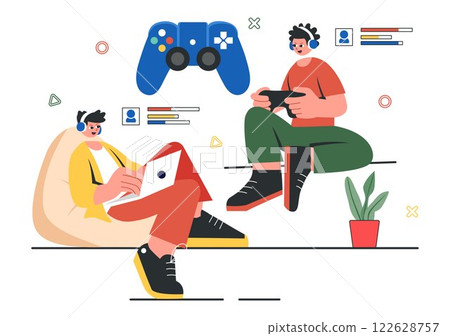 E-Sports Tournament Vector Illustration featuring Two Players Competing in an Online Game for a Cyber Sports Competition inside a Gaming Arena 122628757