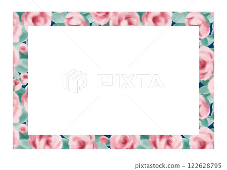 A card frame with a square frame of soft rose flower patterns drawn with watercolor touches. A card frame with a square frame of soft rose flower patterns drawn with watercolor touches. 122628795