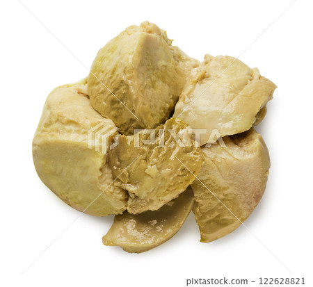 Pile of cod liver close-up on a white background. Top view Pile of cod liver close-up on a white background. Top view 122628821