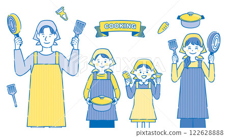 Illustration of a young family wearing aprons cooking 2c 122628888