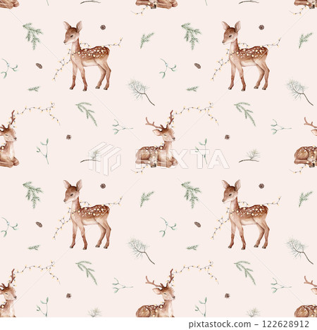Seamless pattern with watercolor of Christmas tree and pine branches, needle and baby deer with garland. Hand painted fir cone and animals illustration on isolated. Repeat background for new year. 122628912