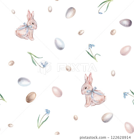 Seamless watercolor pattern with cute rabbits or bunny with light blue bow, paint eggs, spring flowers in pastel colors. Repeat ornament with Illustration of background for Easter design. Seamless watercolor pattern with cute rabbits or bunny with light blue bow, paint eggs, spring flowers in pastel colors. Repeat ornament with Illustration of background for Easter design. 122628914