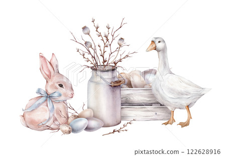 Cute watercolor illustration wooden box with chicken and quail eggs and jar with willow branches and Easter bunny or hare with bow and and goose. Hand drawn illustration isolated on background 122628916