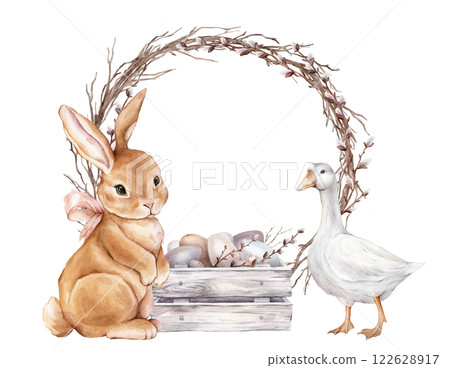 Cute watercolor illustration wooden box with chicken, quail eggs and willow branches and Easter bunny with bow and goose. Round frame with tree branch without leaves Hand drawn illustration isolated 122628917
