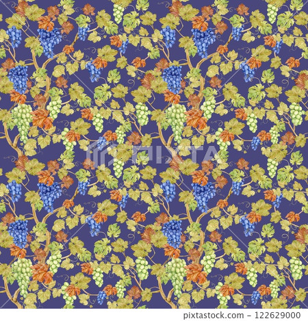 Seamless background with grape vine on blue background. Watercolor blue and green autumn grape berries and leaves. Illustrations for textile design. 122629000