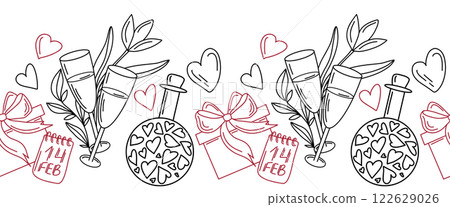 Hand drawn seamless banner with champagne glasses, gift box, hearts, love potion, and calendar with date 14 February. outline style for Valentines Day design, wrapping paper, cards, wallpaper, textile Hand drawn seamless banner with champagne glasses, gift box, hearts, love potion, and calendar with date 14 February. outline style for Valentines Day design, wrapping paper, cards, wallpaper, textile 122629026