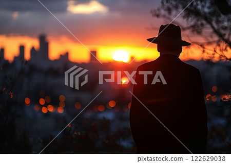 Silhouette of a man wearing a hat standing against a vibrant sunset, overlooking a blurred city skyline with warm glowing bokeh lights and a serene atmosphere 122629038