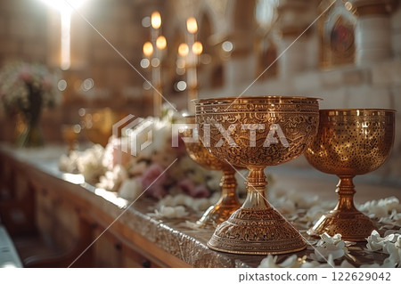 Golden ornate chalices on an altar surrounded by white petals and soft floral arrangements in a sunlit church interior with a warm, sacred atmosphere Golden ornate chalices on an altar surrounded by white petals and soft floral arrangements in a sunlit church interior with a warm, sacred atmosphere 122629042