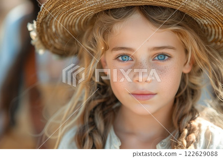 Close-up of a girl with striking blue eyes, freckles, and long blonde hair wearing a wide-brimmed straw hat, radiating natural beauty and innocence in soft, warm sunlight 122629088