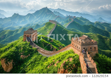 The Wall stretching over green hills with watchtowers under a sunny sky, showcasing its majestic architecture and scenic surroundings 122629154