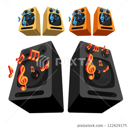 Isometric advertising DJ party speakers equipment, noisy party. Musical speakers and notes on loud alternative performance. Isometric vector banner element bottom view Isometric advertising DJ party speakers equipment, noisy party. Musical speakers and notes on loud alternative performance. Isometric vector banner element bottom view 122629175