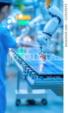 Automated robotic arm working on solar panel production line 122629243
