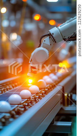 Automated robotic arm in production line handling white objects 122629250