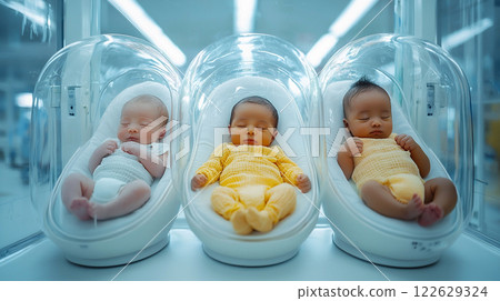 Newborn babies resting peacefully in maternity beds within a hospital nursery setting 122629324