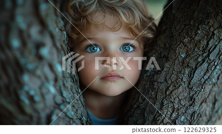 Child with curly hair gazes thoughtfully from between two tree trunks in a serene outdoor setting 122629325