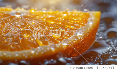 Closeup of juicy orange wedge with water droplets Closeup of juicy orange wedge with water droplets 122629751