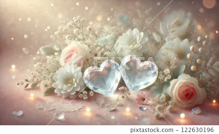 Two hearts made of crystal are on a table with flowers. 122630196