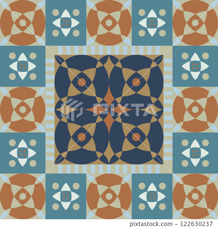 Geometric seamless pattern, abstract oriental style vector. Geometry floor tiles design. Moroccan, Spanish and Portuguese azulejos ceramic design. Geometric seamless pattern, abstract oriental style vector. Geometry floor tiles design. Moroccan, Spanish and Portuguese azulejos ceramic design. 122630237