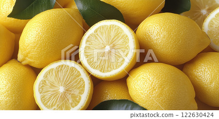 Fresh yellow lemons with green leaves, sliced and whole, vibrant colors 122630424