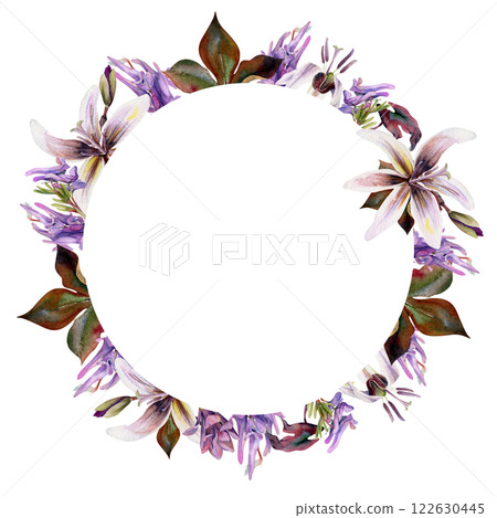 Spring forest flowers, mauve magnolia camelia bud, purple corydalis vetch orchid, white erythronium trout lily hand drawn in watercolor. Wreath frame illustration for wedding, florist shop, stationery 122630445