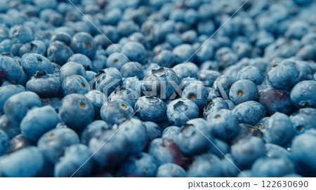 Pile of fresh blueberries covered in glistening dew 122630690