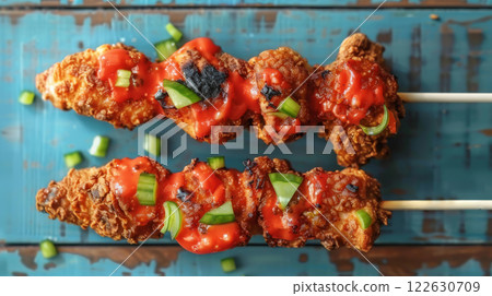 Fried crispy chicken skewers with red sauce 122630709