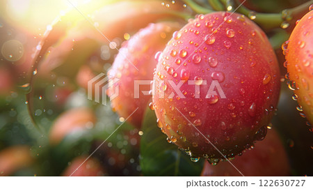 Fresh mango fruits with raindrops on tree 122630727