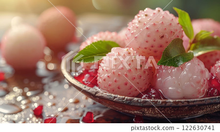 Exotic pink lychee with green leaves in syrup 122630741