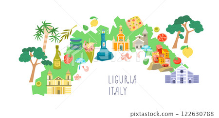 Map of Liguria, Italy. Sights and buildings. Traditional Mediterranean nature and food. Italy and tourism. Isolated illustration on white background. Map of Liguria, Italy. Sights and buildings. Traditional Mediterranean nature and food. Italy and tourism. Isolated illustration on white background. 122630788
