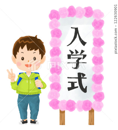 一個男孩用藍色書包做出和平手勢 122630901