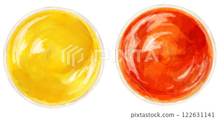 容器中番茄醬和芥末醬的頂部視圖 122631141
