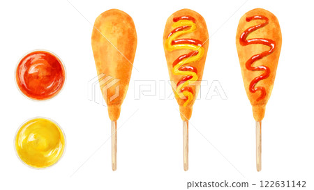 碗中盛有番茄醬和芥末的玉米熱狗的頂部視圖 碗中盛有番茄醬和芥末的玉米熱狗的頂部視圖 122631142