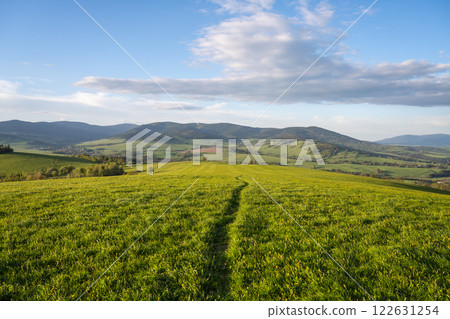 Expansive hilly landscape features lush green fields stretching towards distant hills under a clear blue sky. A winding path leads into the serene countryside, inviting exploration. Expansive hilly landscape features lush green fields stretching towards distant hills under a clear blue sky. A winding path leads into the serene countryside, inviting exploration. 122631254