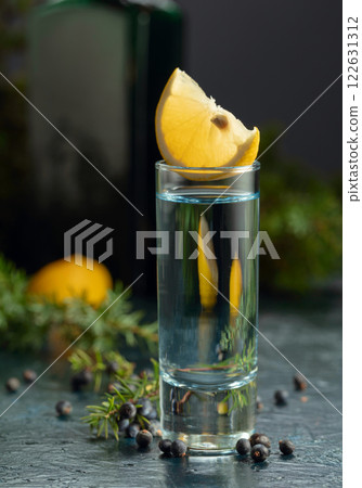 Gin with juniper berries, lemon slices, and vintage bottle. Gin with juniper berries, lemon slices, and vintage bottle. 122631312