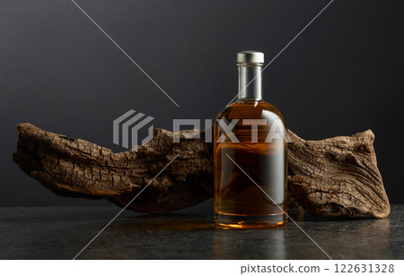 Bottle of whiskey and old snag on a black background. Bottle of whiskey and old snag on a black background. 122631328