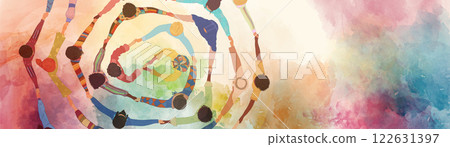 Group people in circle from diverse culture holding hands.Teamwork and cooperation.Community of friends or volunteers committed to social issues for peace and the environment.Top view 122631397