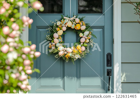 Beautiful Easter Wreath Adorning a Blue Door with Colorful Eggs and Flowers. Festive spring wreath on blue door, decorated with colorful Easter eggs and lush greenery. 122631465